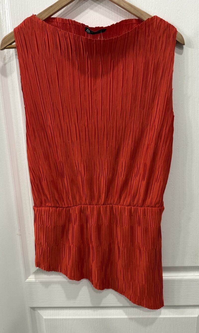 ZARA Women Red Pleated Asymmetrical Medium Sleeveless Boat Neck Textured Top